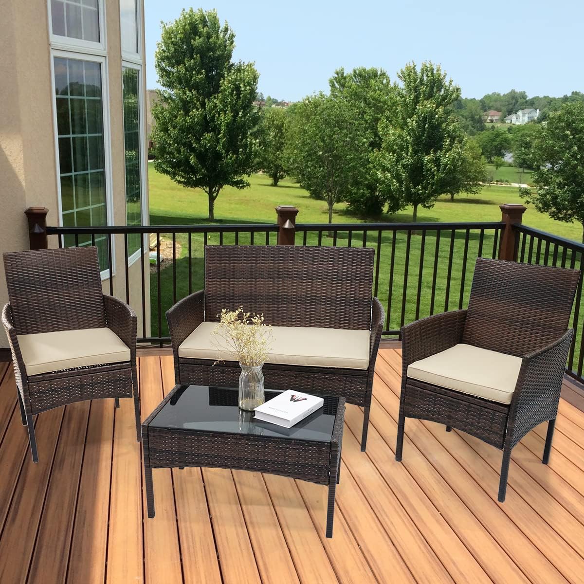 4 Piece Porch Backyard Rattan Set by Zanzio Store