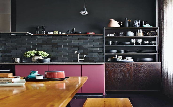 Colorful Cabinets, Black Tiled Kitchen
