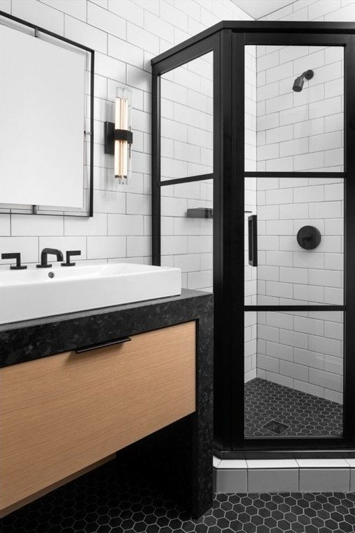 Contrasting Black and White Walk-In Shower