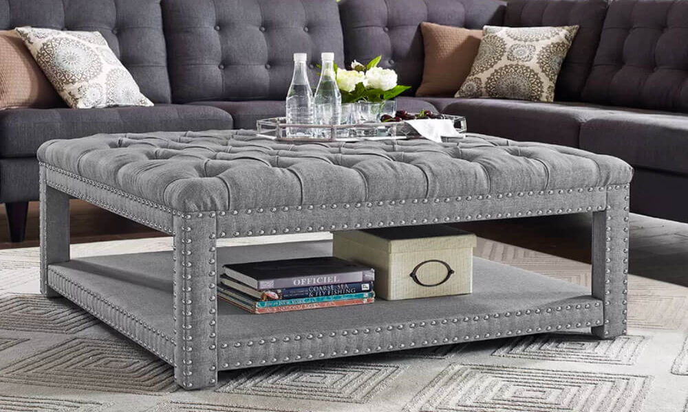 Tufted Square Ottoman with Storage Shelf