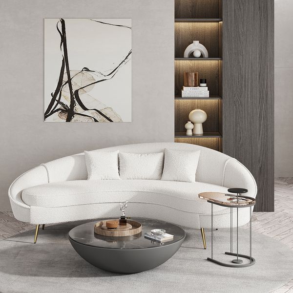 White Curved Faux Leather Sofa