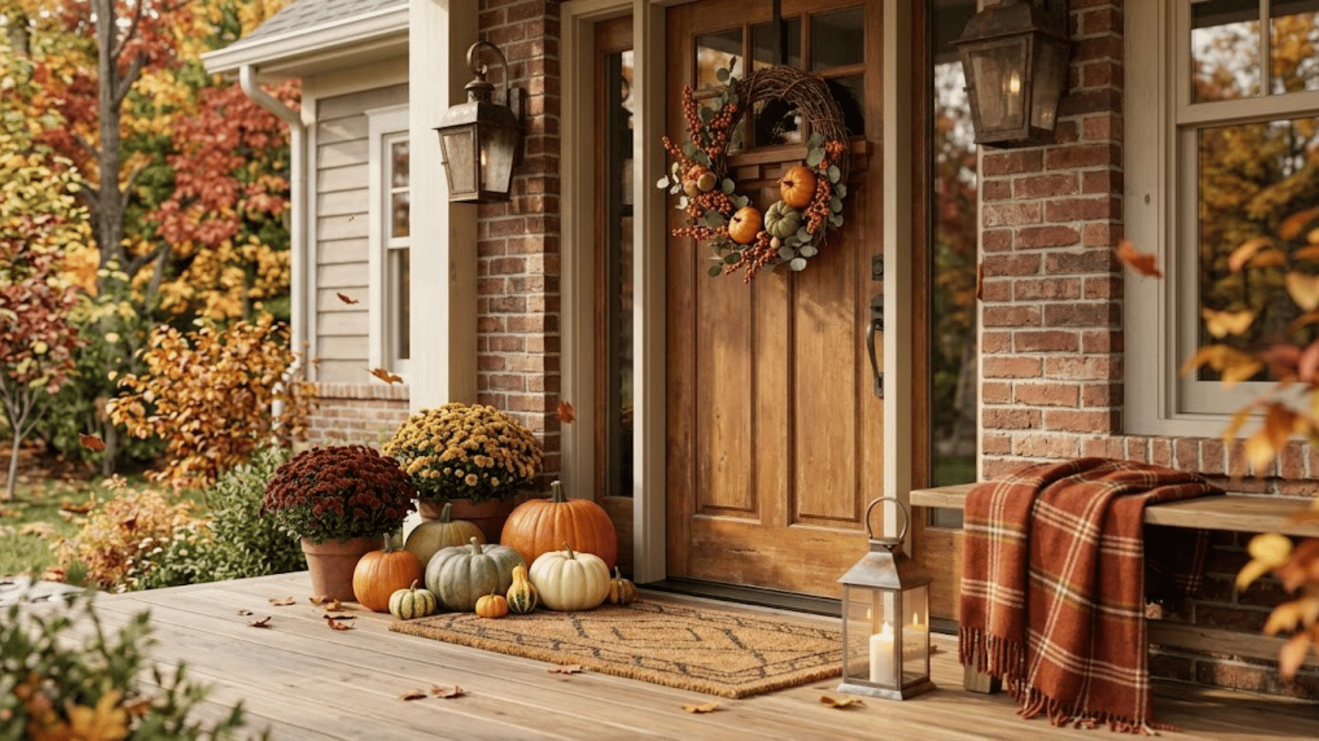 A front porch decorated with pumpkins mums a wreath on the door and a cozy plaid blanket