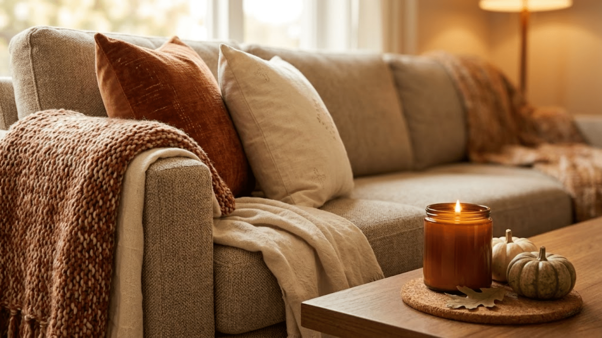 Cozy fall living room with pumpkins a candle a knit blanket and decorative pillows on a sofa