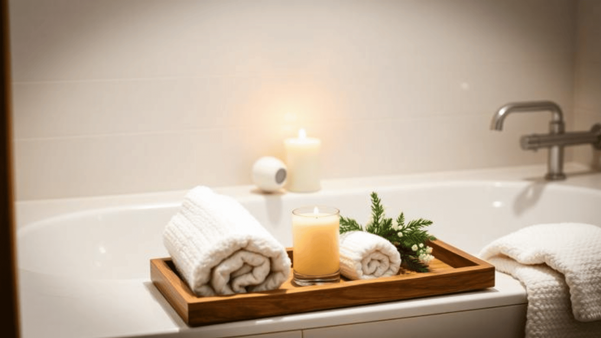 a bathroom tub with wooden tray holding rolled towels candle and greenery creating a calm spa like relaxing setting