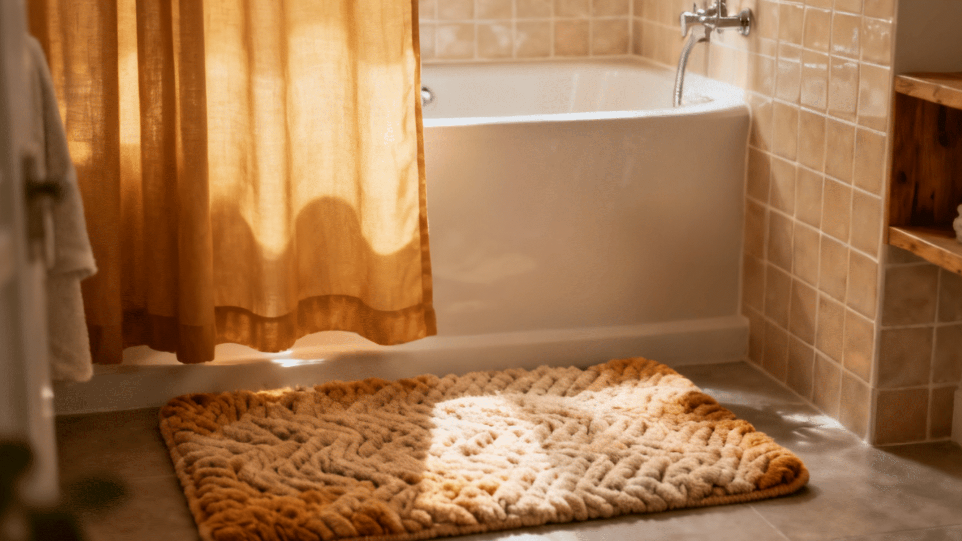 a bathroom with bathtub soft rug warm sunlight through curtain creating a calm cozy relaxing space