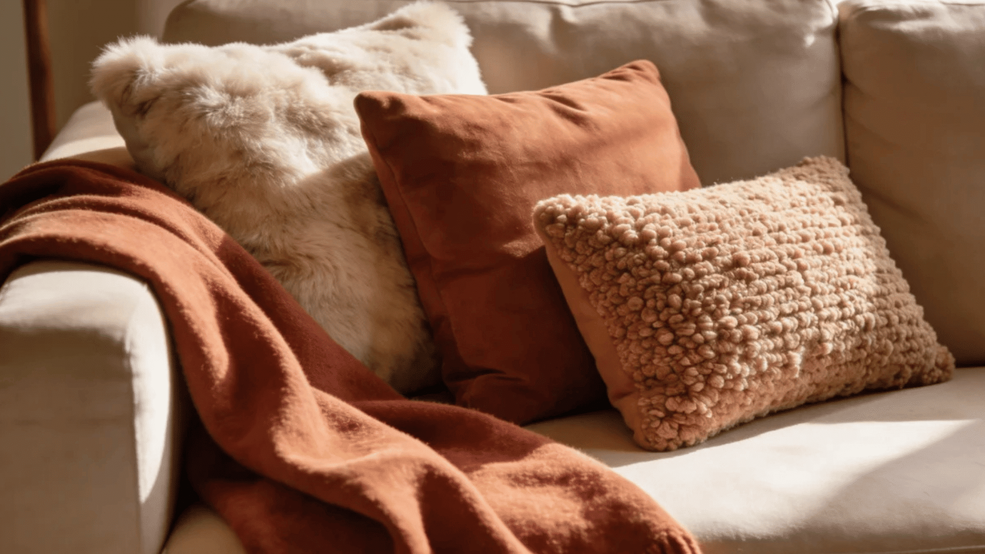 a beige sofa with textured pillows and soft blanket draped over arm in warm sunlight creating a cozy living room scene