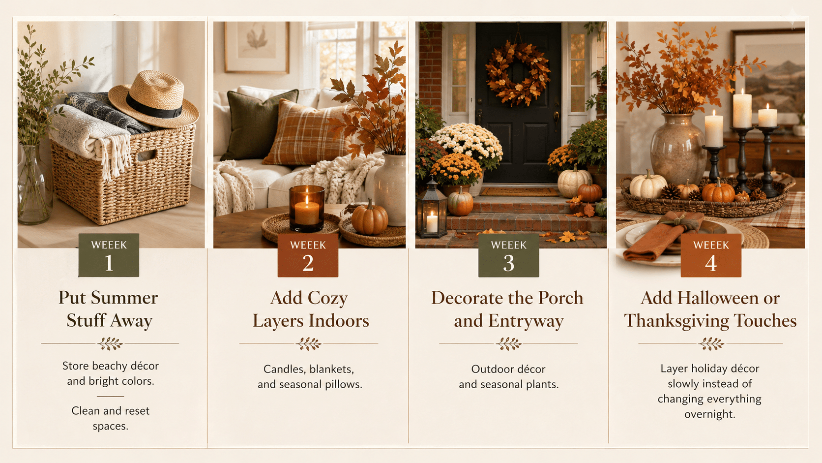 a calendar illustration shows changing summer things to fall cozy house items and a decorated porch and seasonal holiday items