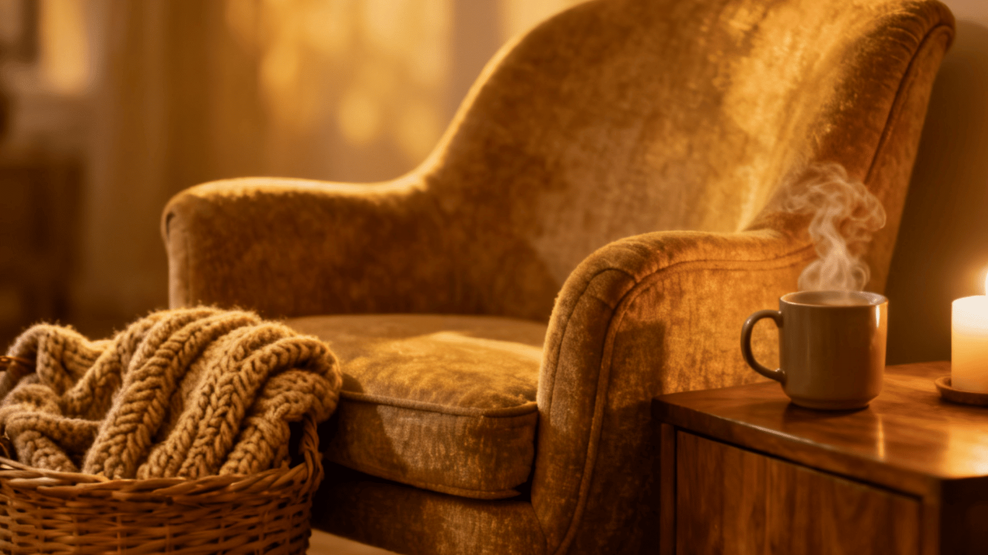 a cozy armchair beside wooden table with steaming mug and candle warm light and basket with blanket creating a relaxing atmosphere