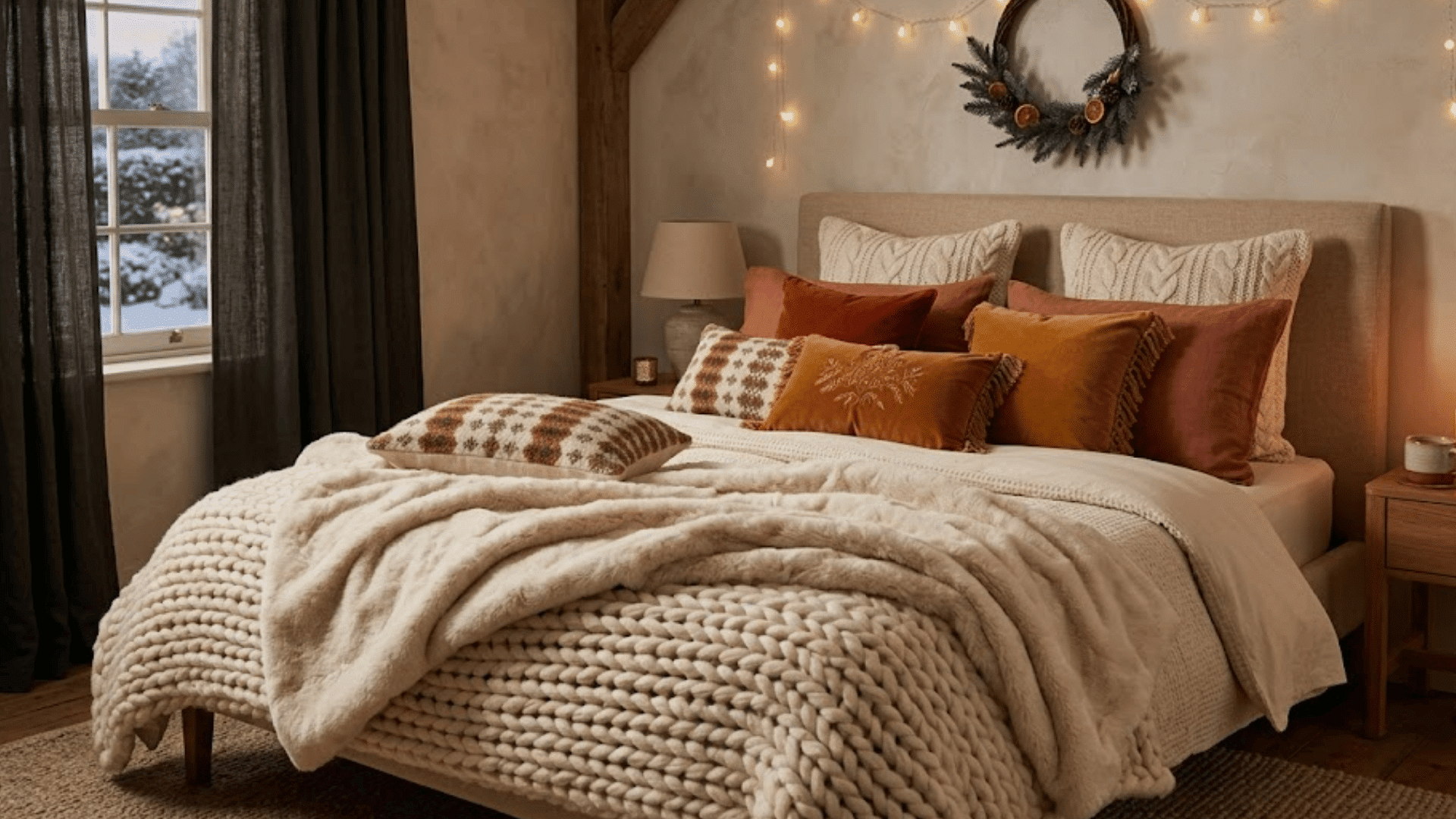 a cozy bedroom with layered blankets pillows warm lights and wreath above bed creating a soft inviting winter atmosphere