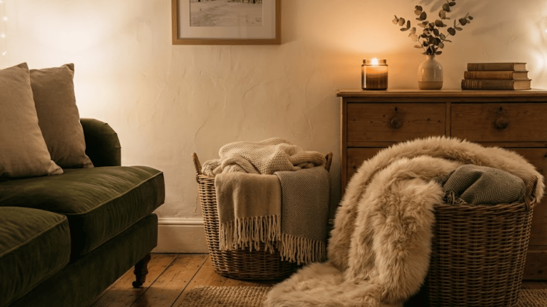 a cozy corner with wicker baskets blankets candle on wooden cabinet and soft lighting creating warm relaxing space