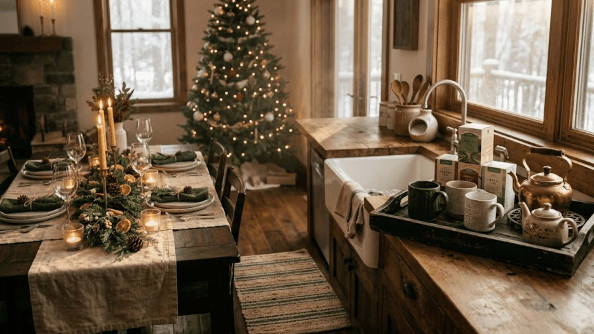 a cozy kitchen and dining area with decorated table christmas tree and warm lighting near window creating festive home atmosphere