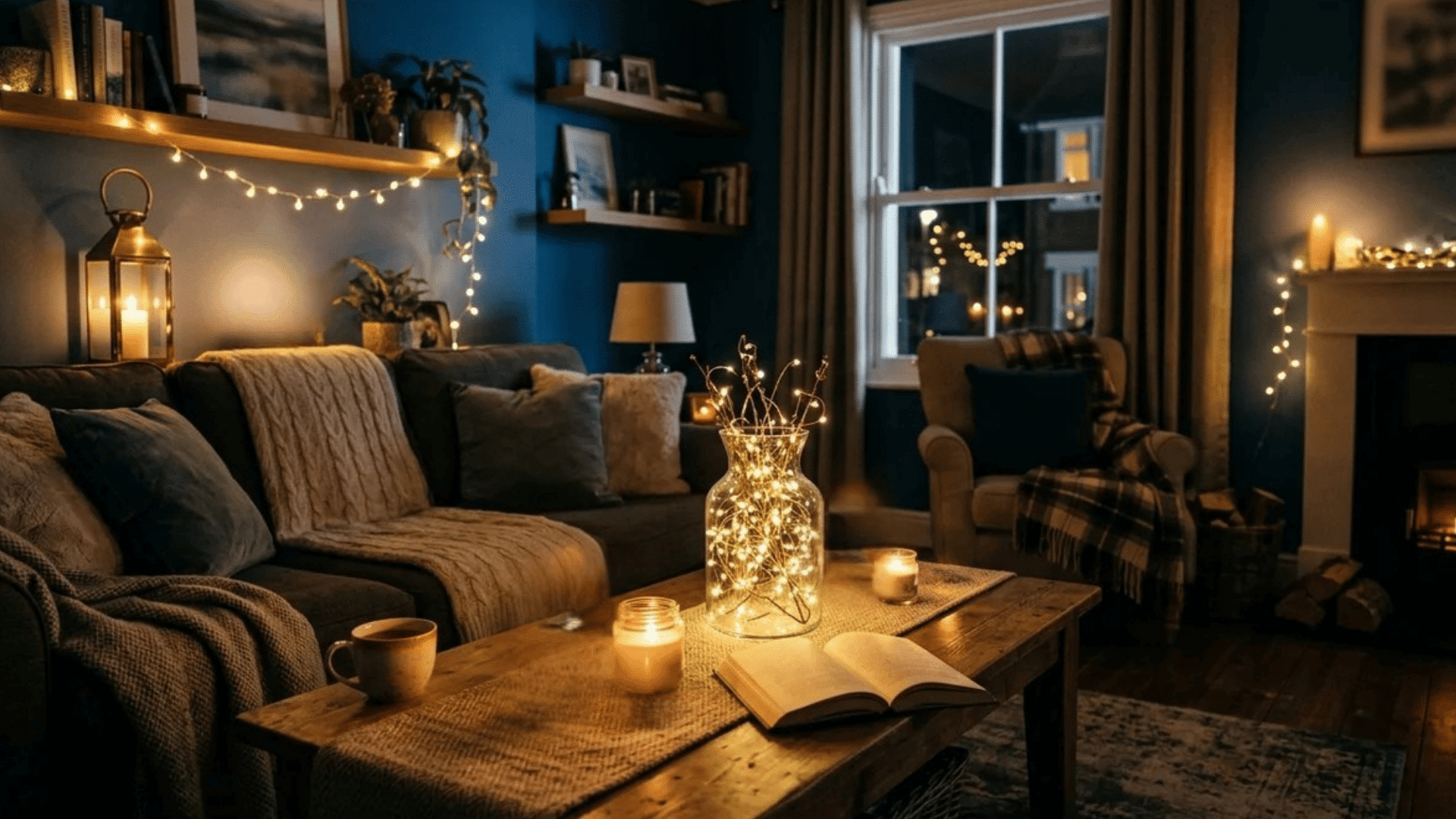 a cozy living room at night with sofa warm lights candles on table open book and fireplace creating a calm relaxing atmosphere