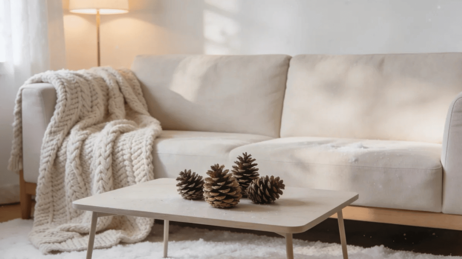 a cozy living room with beige sofa knit blanket pinecones on table near window light