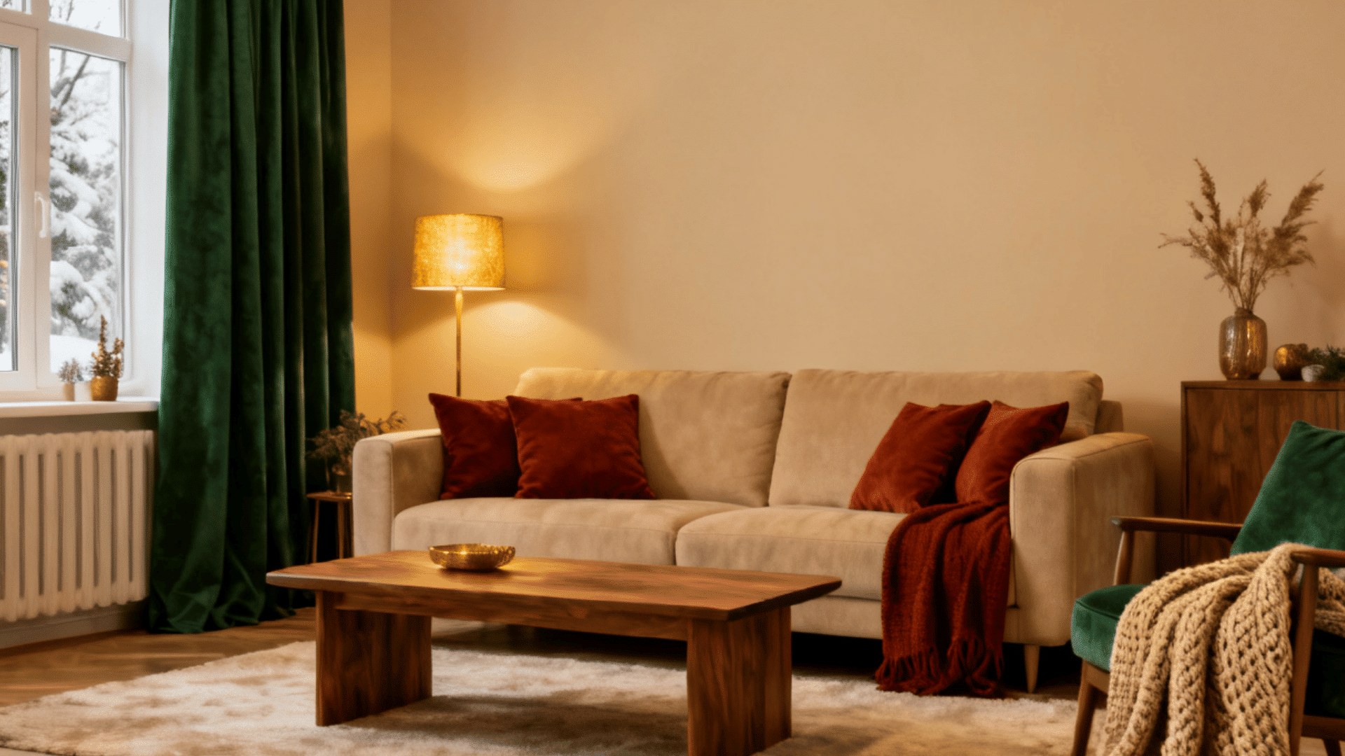 a cozy living room with beige sofa red pillows wooden table green chair and warm lighting creating a calm inviting space