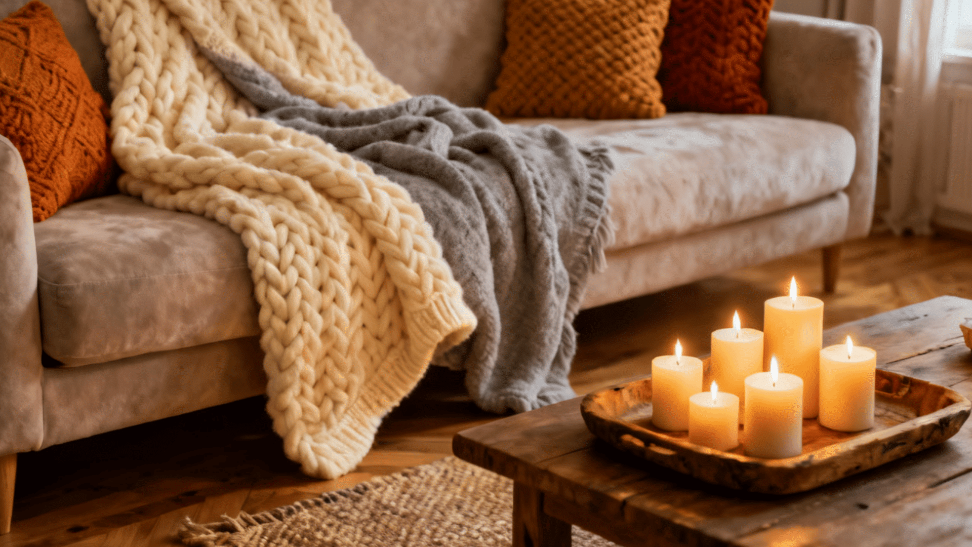 a cozy living room with sofa knit blankets and lit candles on wooden table creating a warm relaxing atmosphere