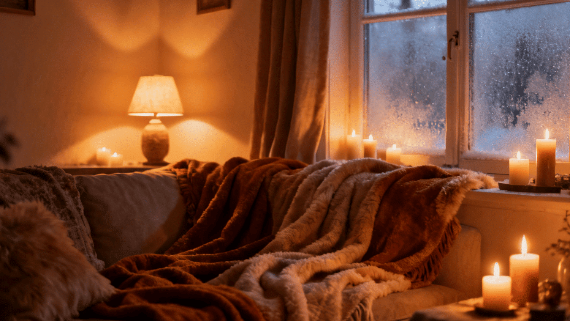 a cozy living room with sofa layered blankets glowing candles and window with frosty glass creating a warm peaceful atmosphere
