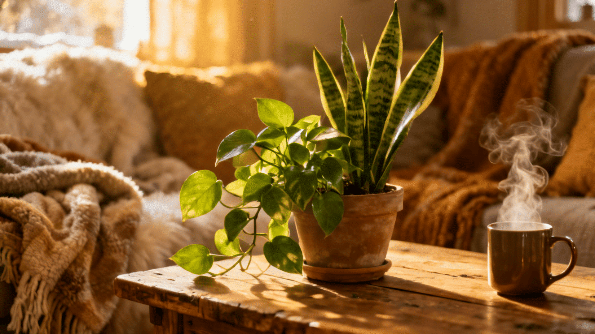 a cozy table with green plants and steaming mug near sofa with blankets in warm sunlight creating a calm relaxing space