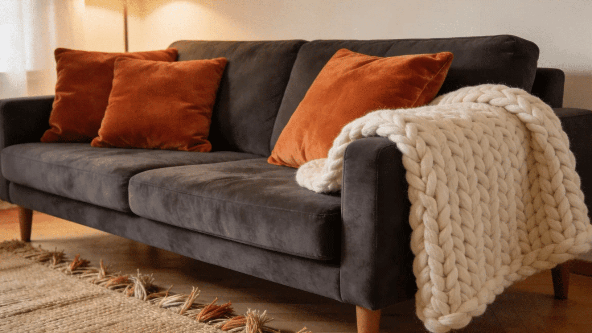 a dark gray sofa with orange cushions and thick knit blanket draped over arm in warm cozy living room setting