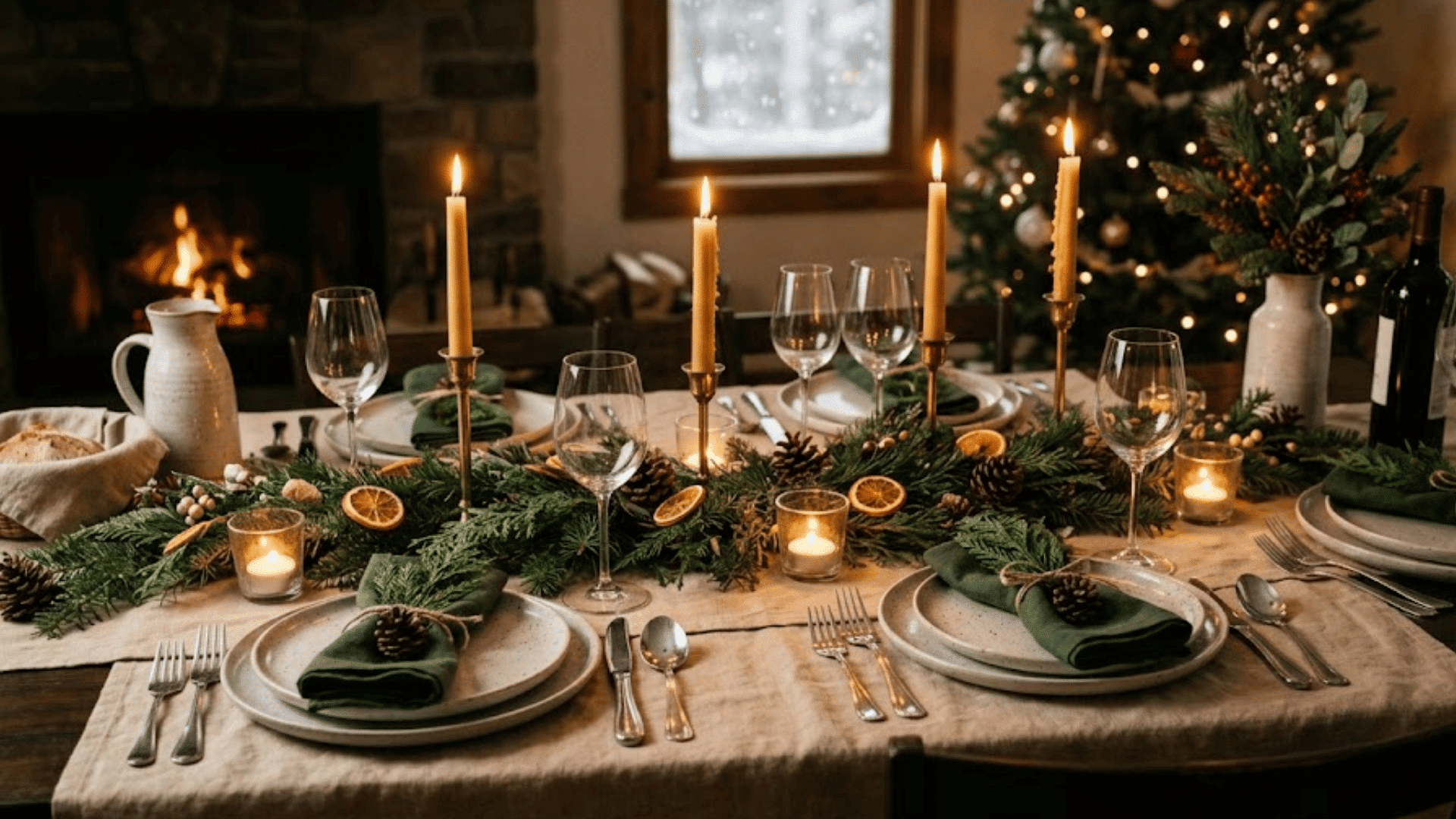 a festive dining table with candles greenery plates and glasses near fireplace and christmas tree creating a warm holiday setting
