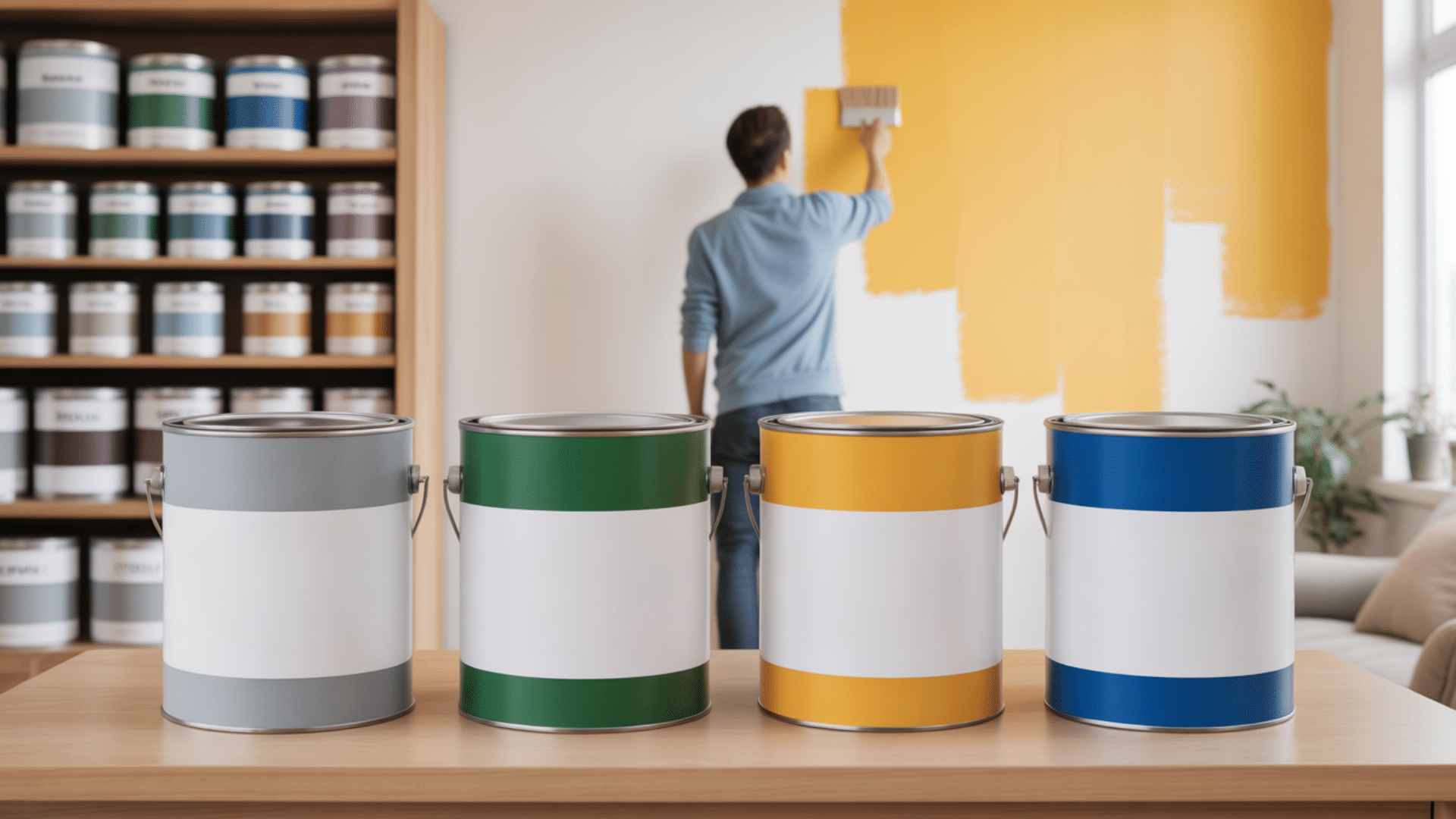 a man painting a yellow smooth indoor wall and behind there are four paint cans on a table with shelves