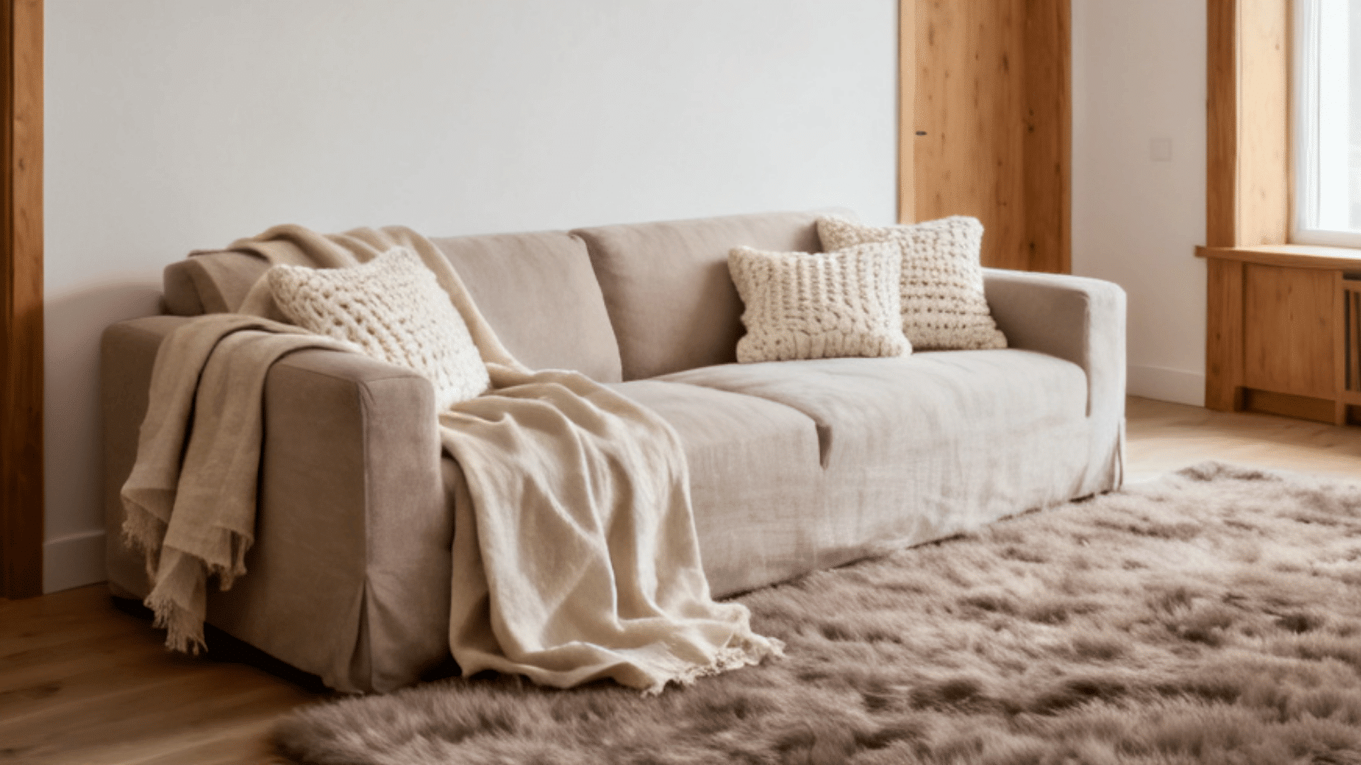 a minimal living room with beige sofa soft pillows blanket and large window bringing in natural light creating a calm cozy space