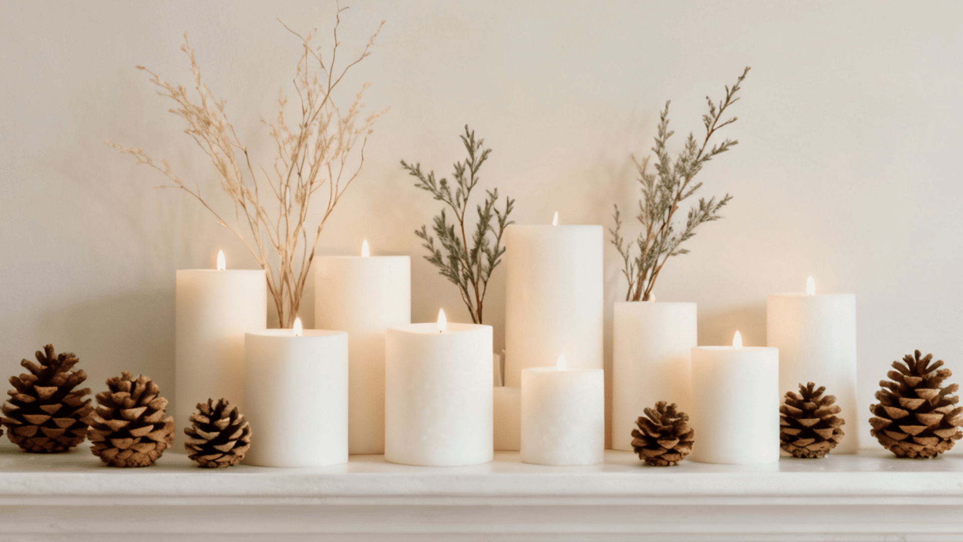 a row of white candles with pinecones and small branches arranged on a shelf creating a calm festive cozy display