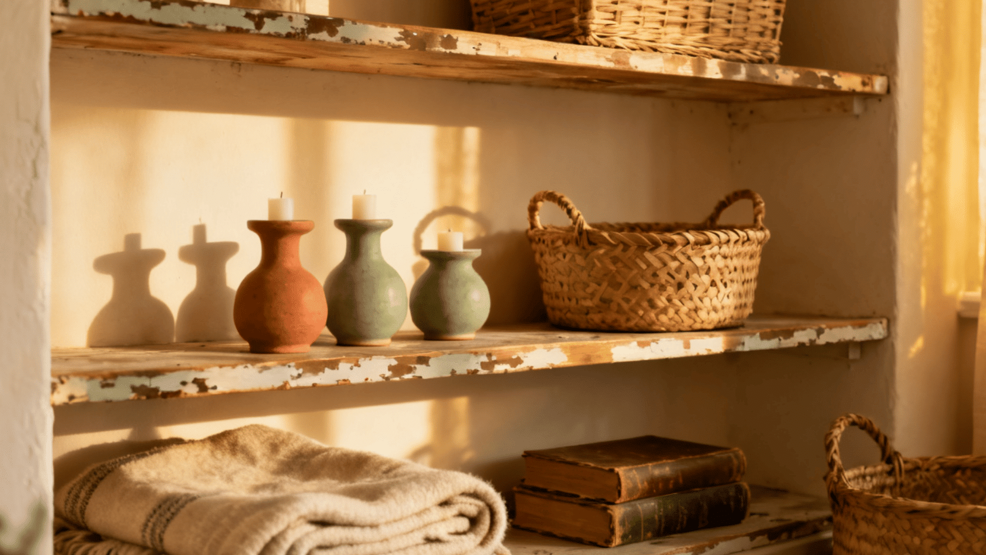 a rustic shelf with candles clay holders woven baskets folded blanket and books in warm sunlight creating a calm cozy setting