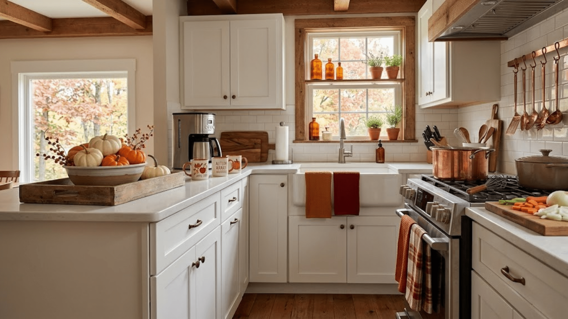 a rustic white kitchen with fall leaves outside and a bowl of pumpkins on the counter