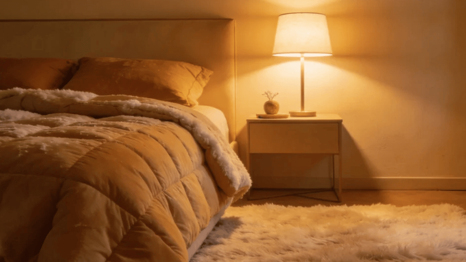 a warm bedroom with bed soft blanket bedside table and lamp casting gentle light on rug creating a calm cozy atmosphere