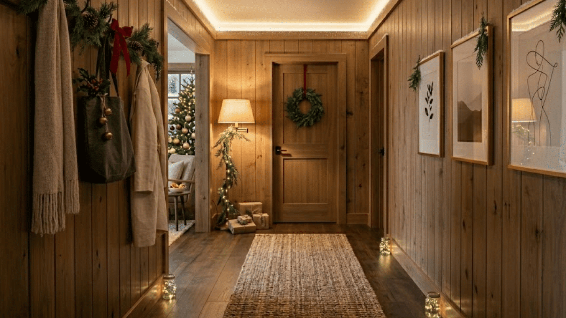 a warm wooden hallway with coats wreath lights and rug leading to a cozy decorated room with soft lighting