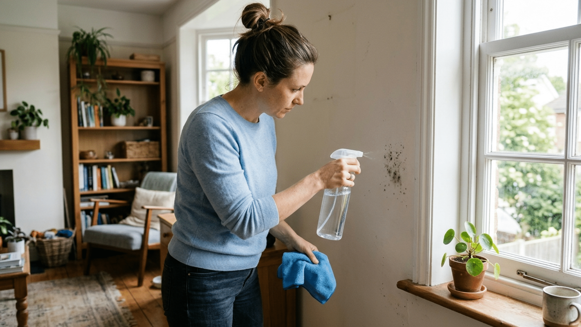 a woman in a light blue sweater uses a clear spray bottle to treat a dark mold stain on a white wall by a window