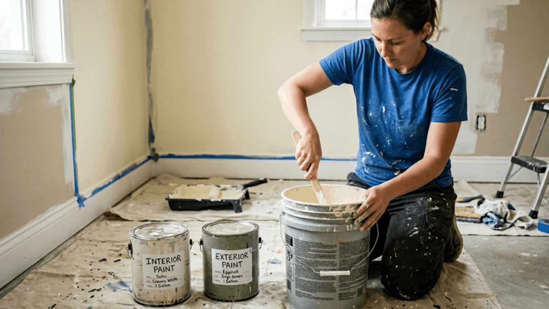 a woman on floor mixing paint in bucket with interior and exterior paint cans nearby (1)