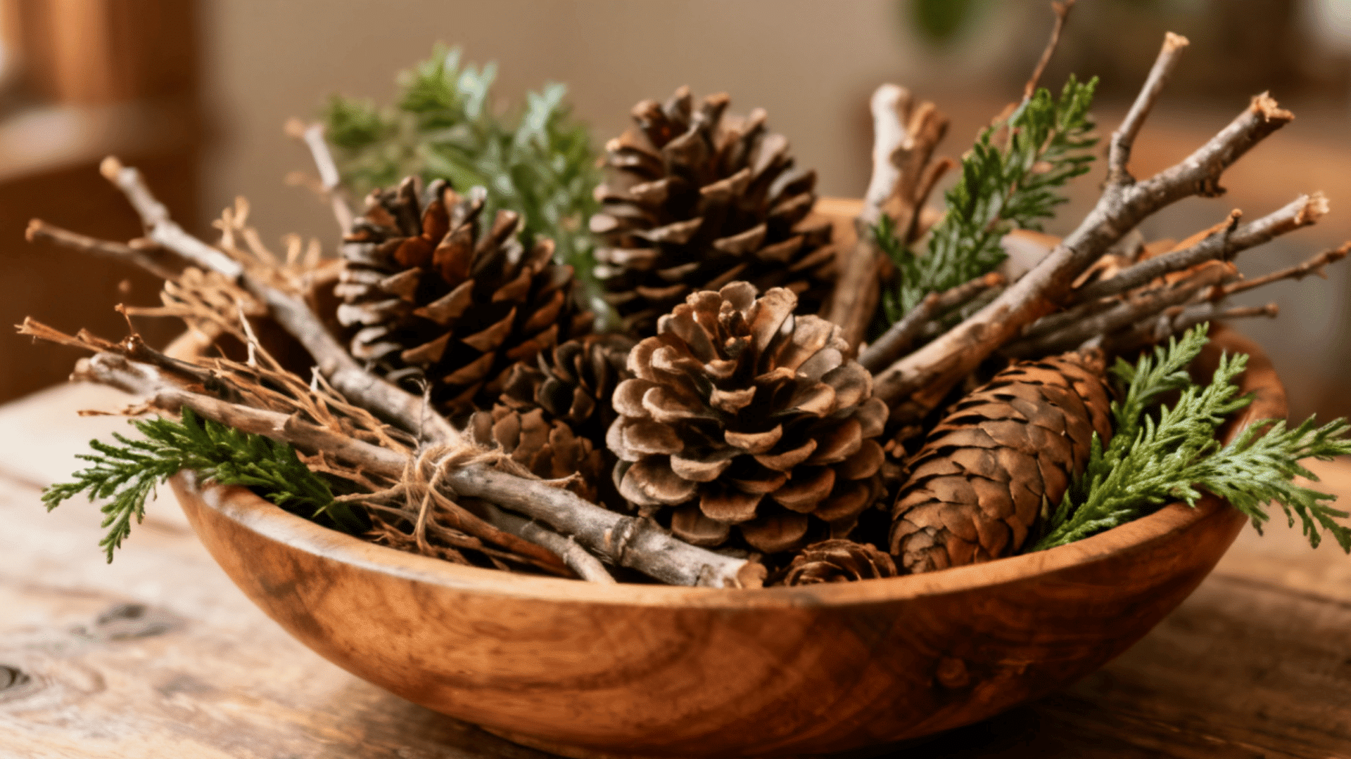 a wooden bowl filled with pinecones twigs and greenery on table creating a natural cozy after holiday winter decor display
