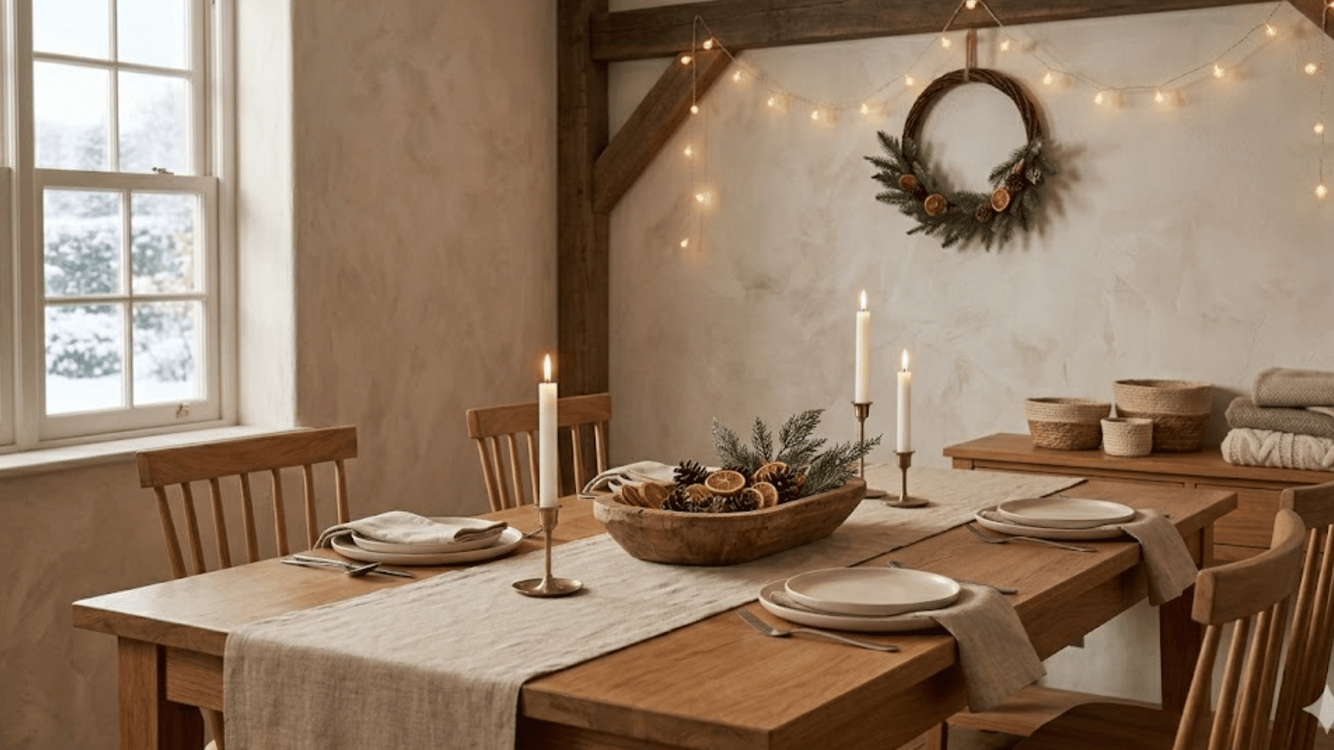 a wooden dining table set with plates candles and centerpiece under warm lights near window creating a cozy inviting space
