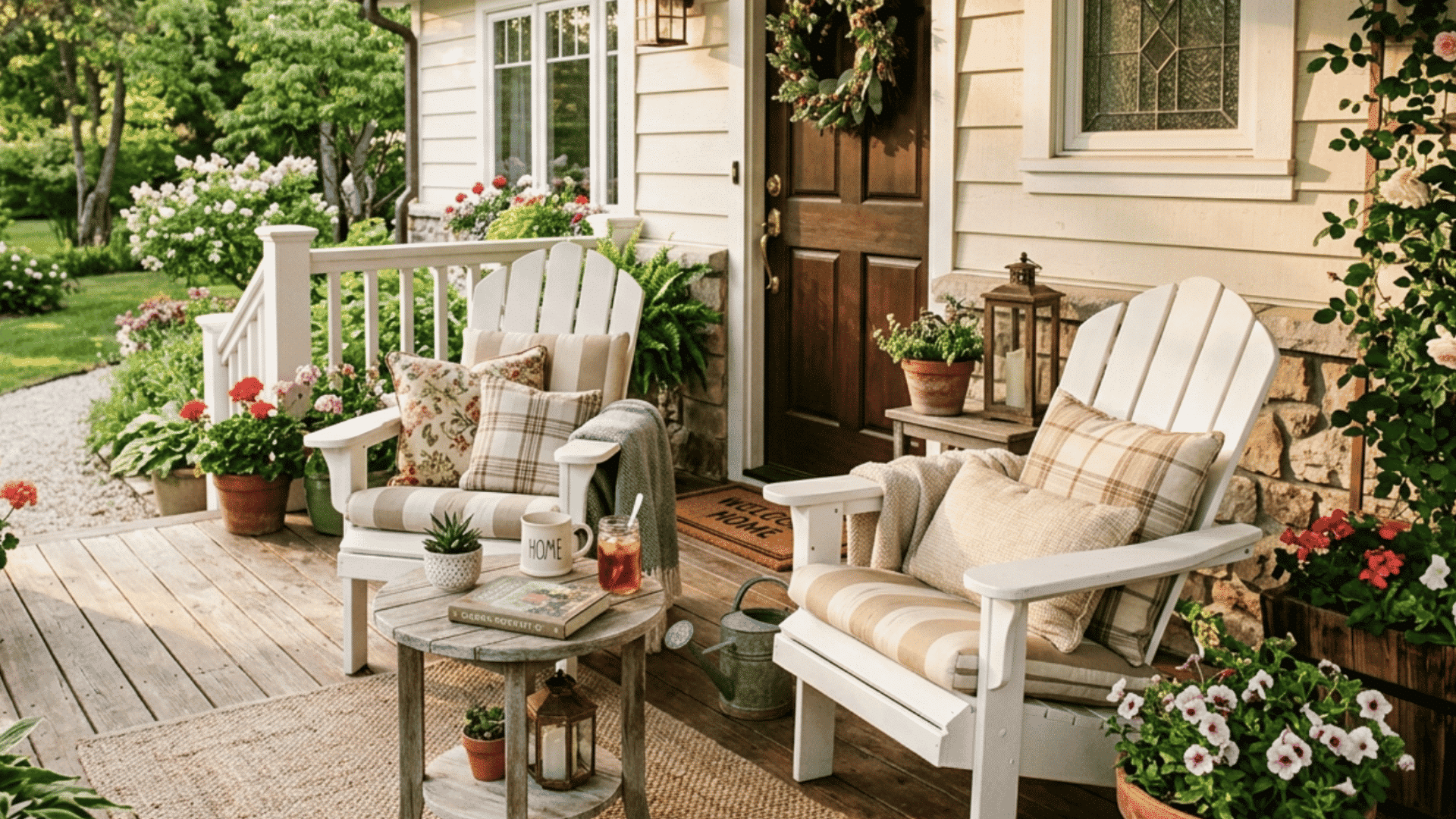 adirondack chairs with cushions and flowers on a cozy porch perfect for classic front porch seating ideas (1)
