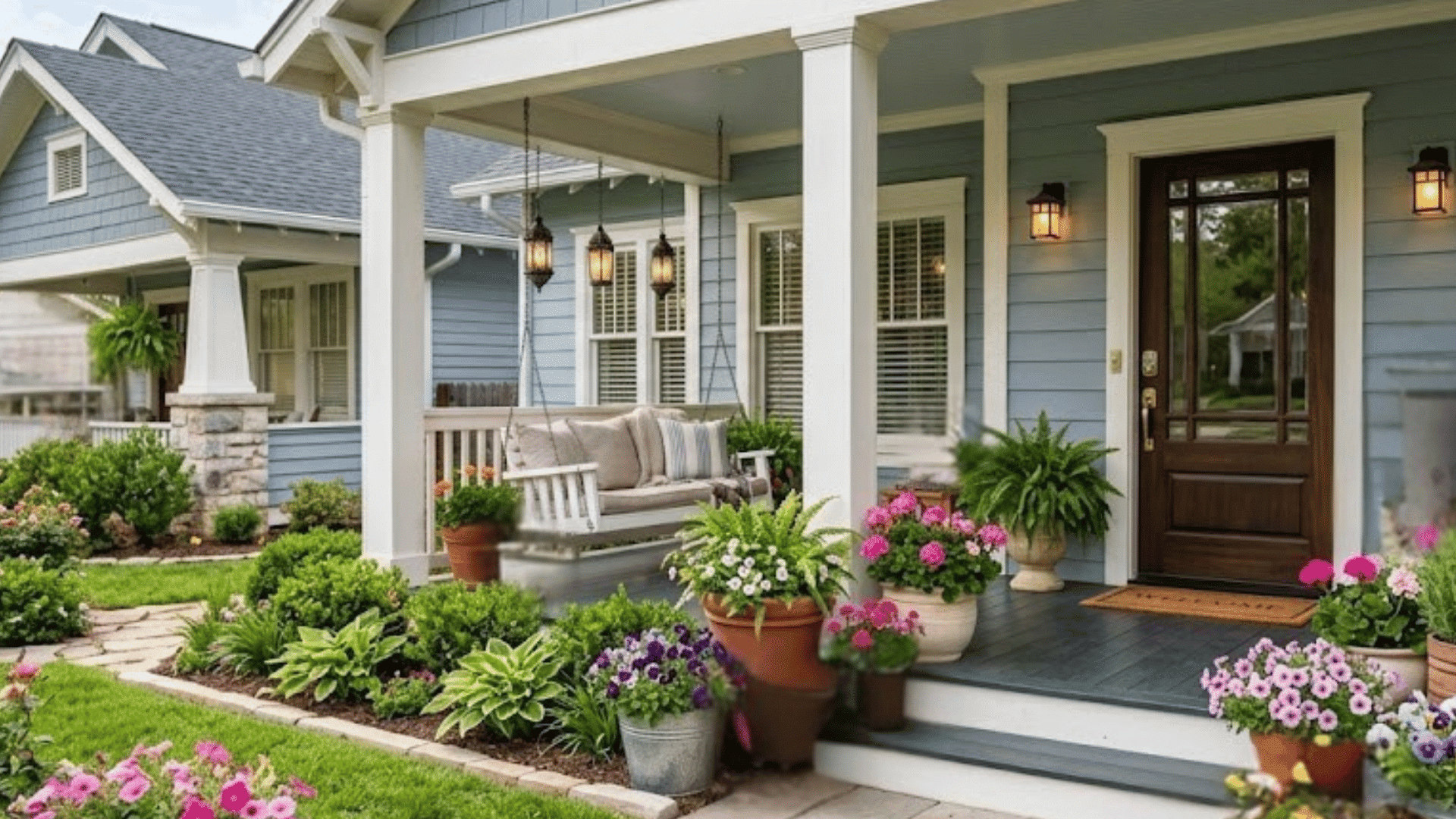 blue house porch with hanging bench colorful flower pots and landscaped garden path