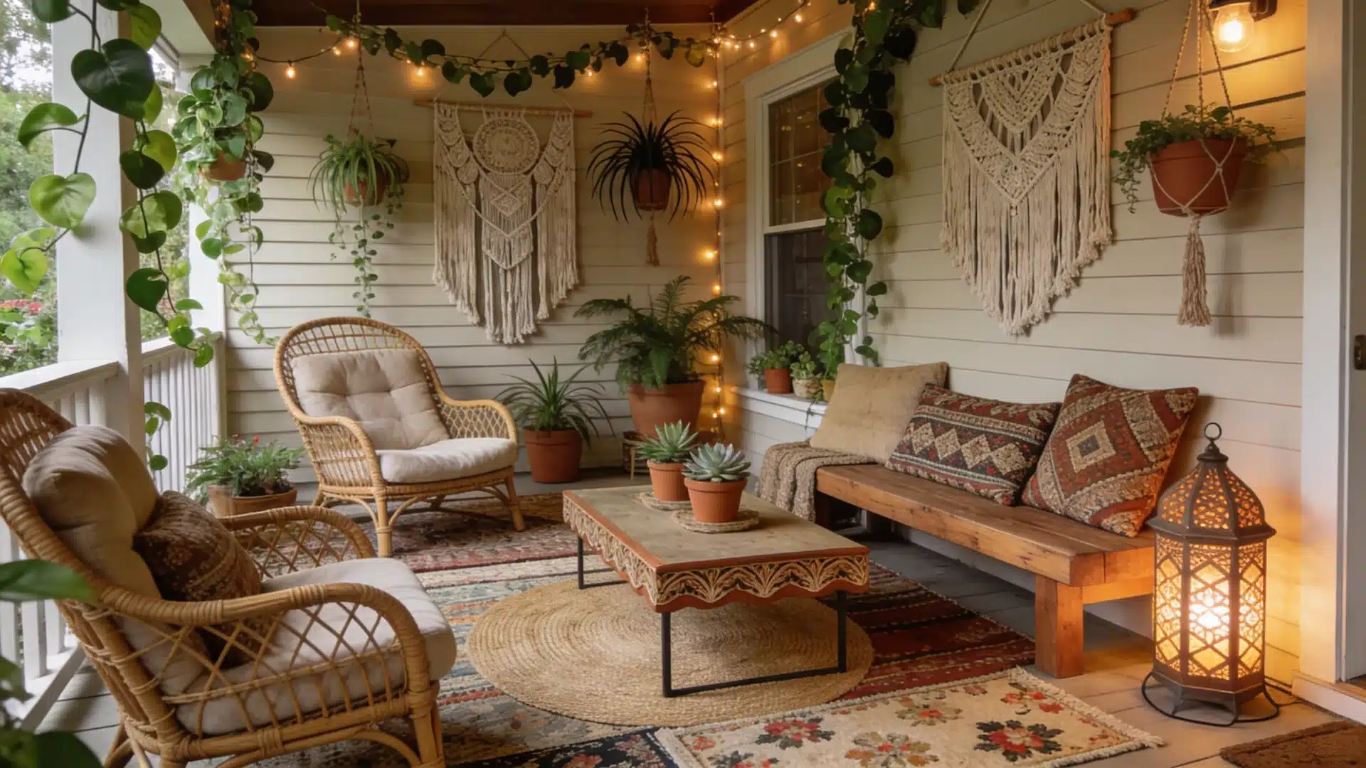 boho front porch with rattan chairs layered rugs macrame decor hanging plants and warm string lights ambiance