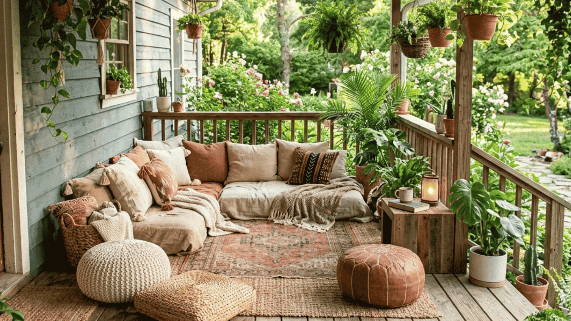 boho style porch with floor cushions hanging plants and cozy seating overlooking lush garden path