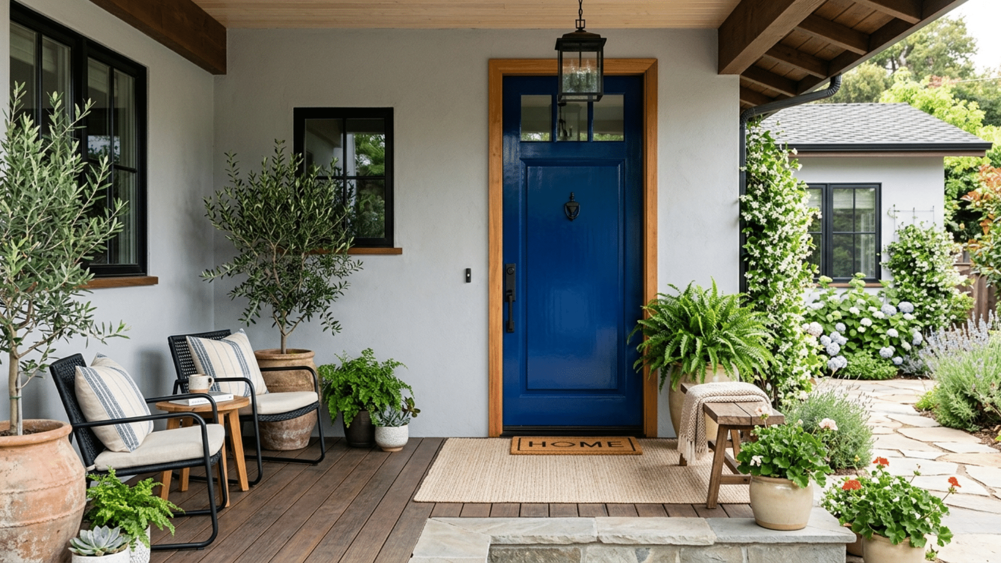 bold blue front door creates a striking focal point enhancing curb appeal with stylish and modern front porch ideas