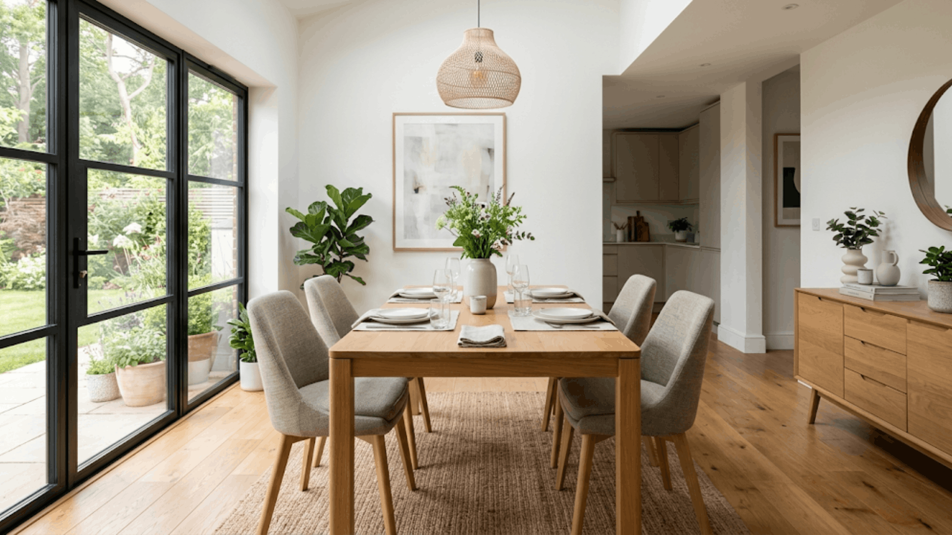 bright dining room with rectangular wooden dining table and cushioned chairs setup