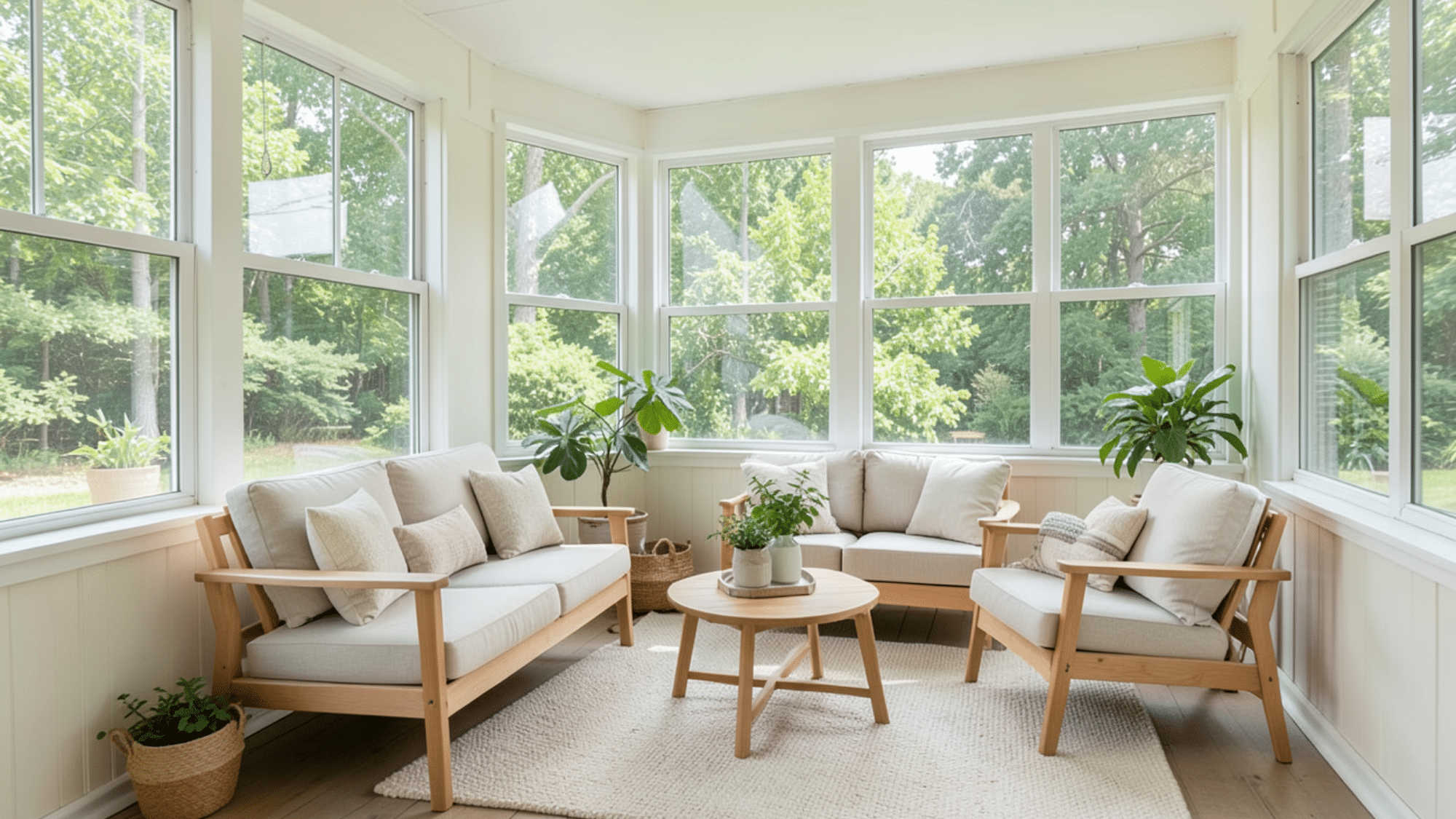bright enclosed porch ideas on a budget with cozy seating neutral tones and large sunlit windows