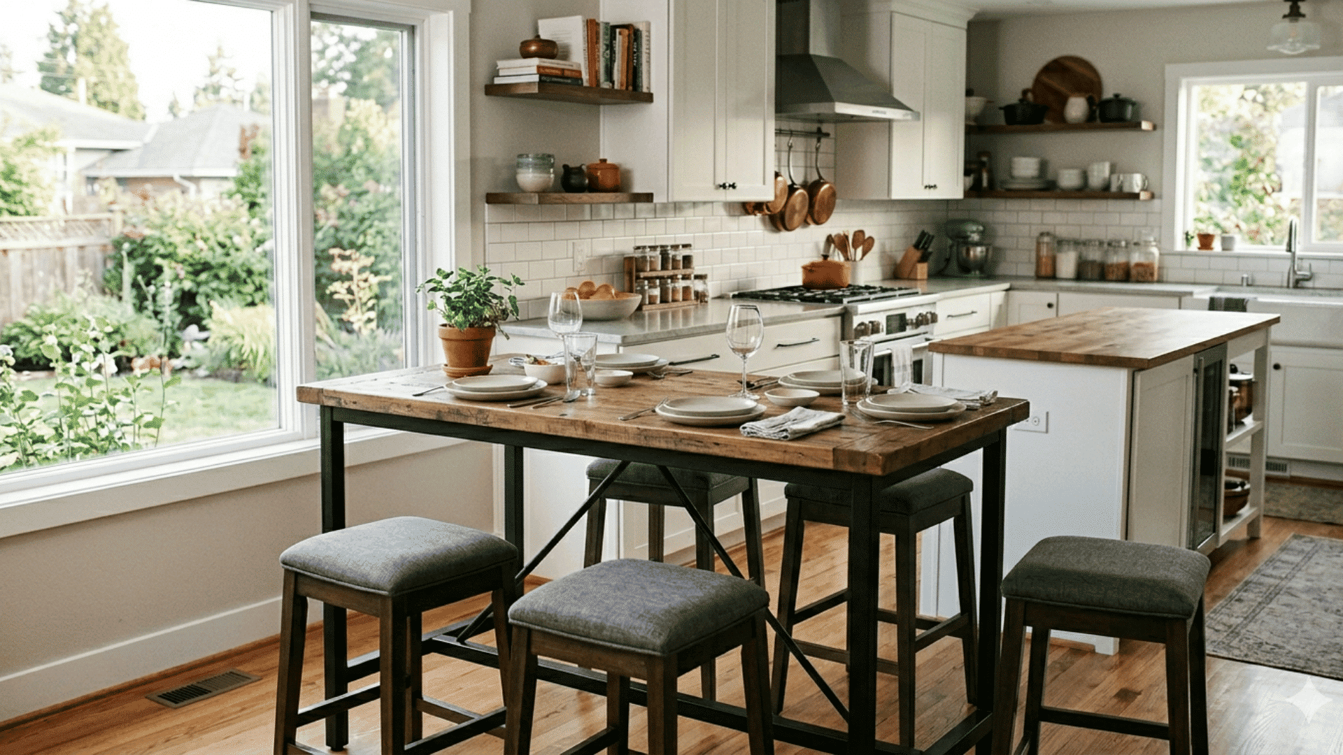 bright kitchen with wooden dining table cushioned stools white cabinets and garden view through large windows
