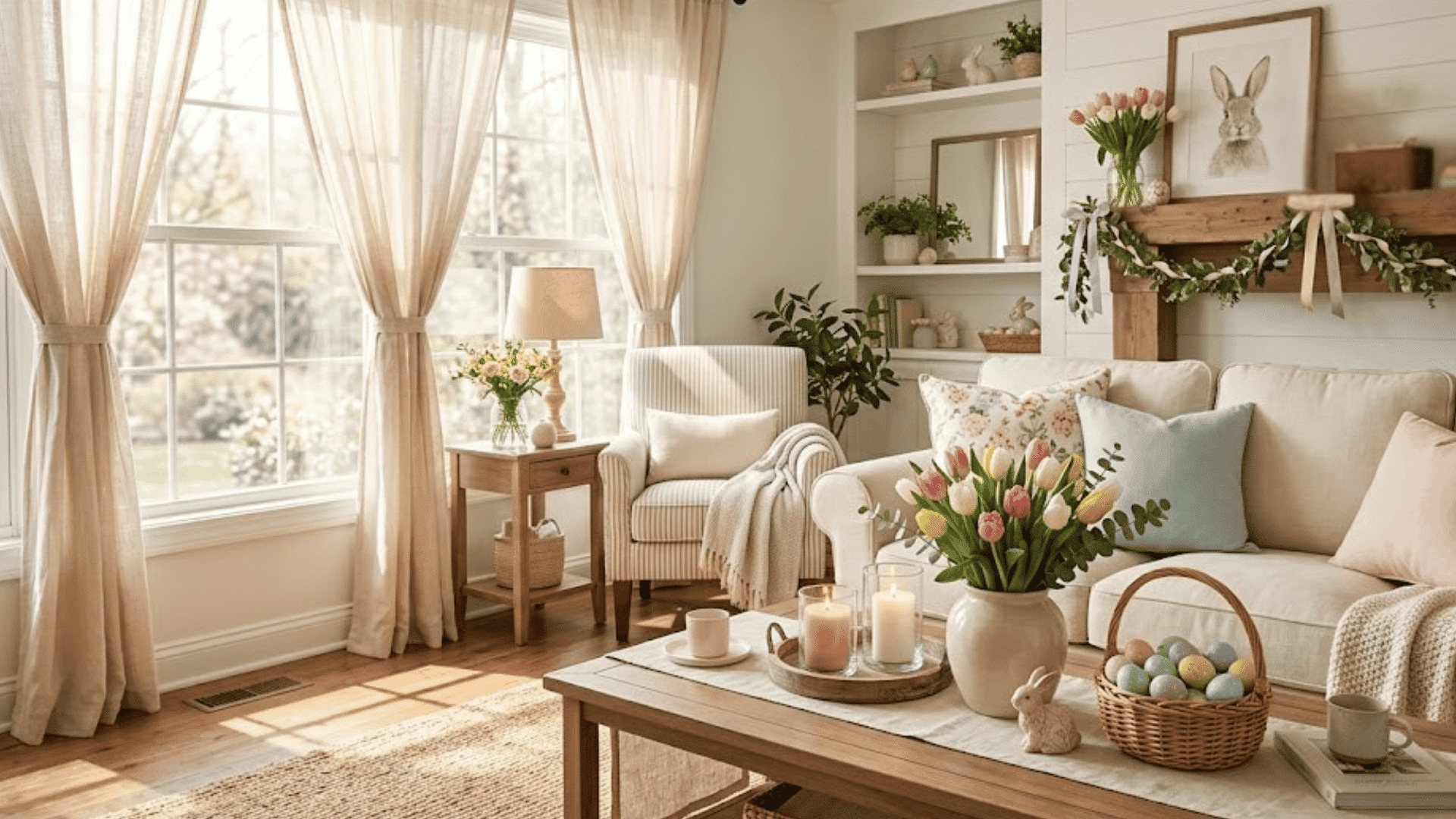 bright living room decorated for easter with pastel pillows flowers candles bunny decor and basket of colorful eggs on table