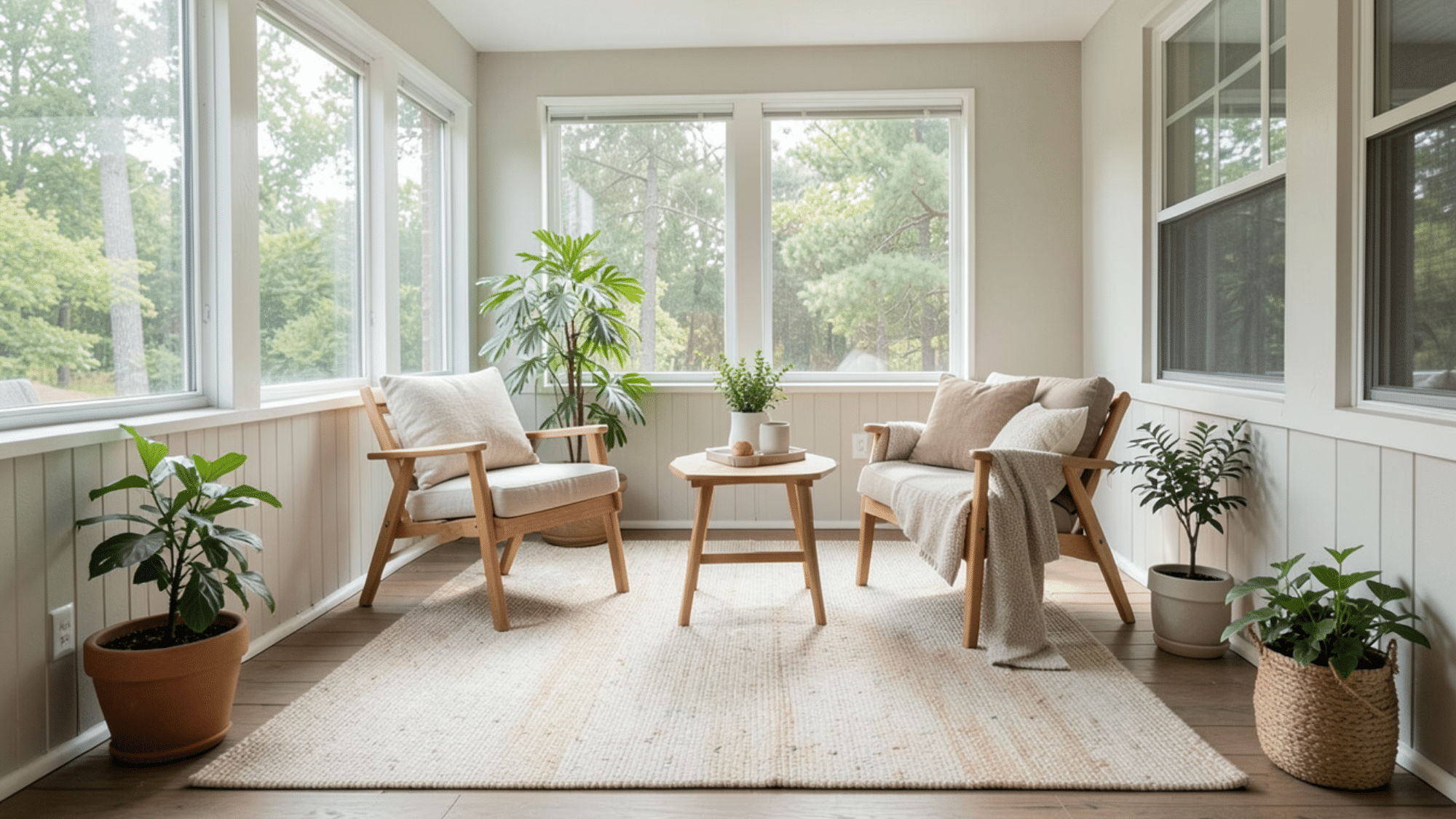 bright porch with outdoor rug defining seating area perfect enclosed porch ideas on a budget with clean layout