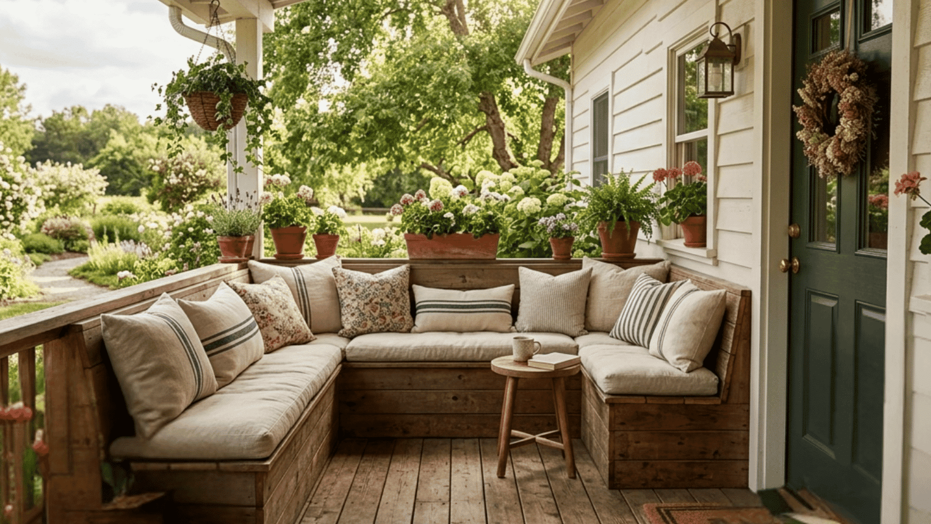 built in bench seating with cushions and plants on a cozy porch ideal for smart and stylish front porch seating ideas