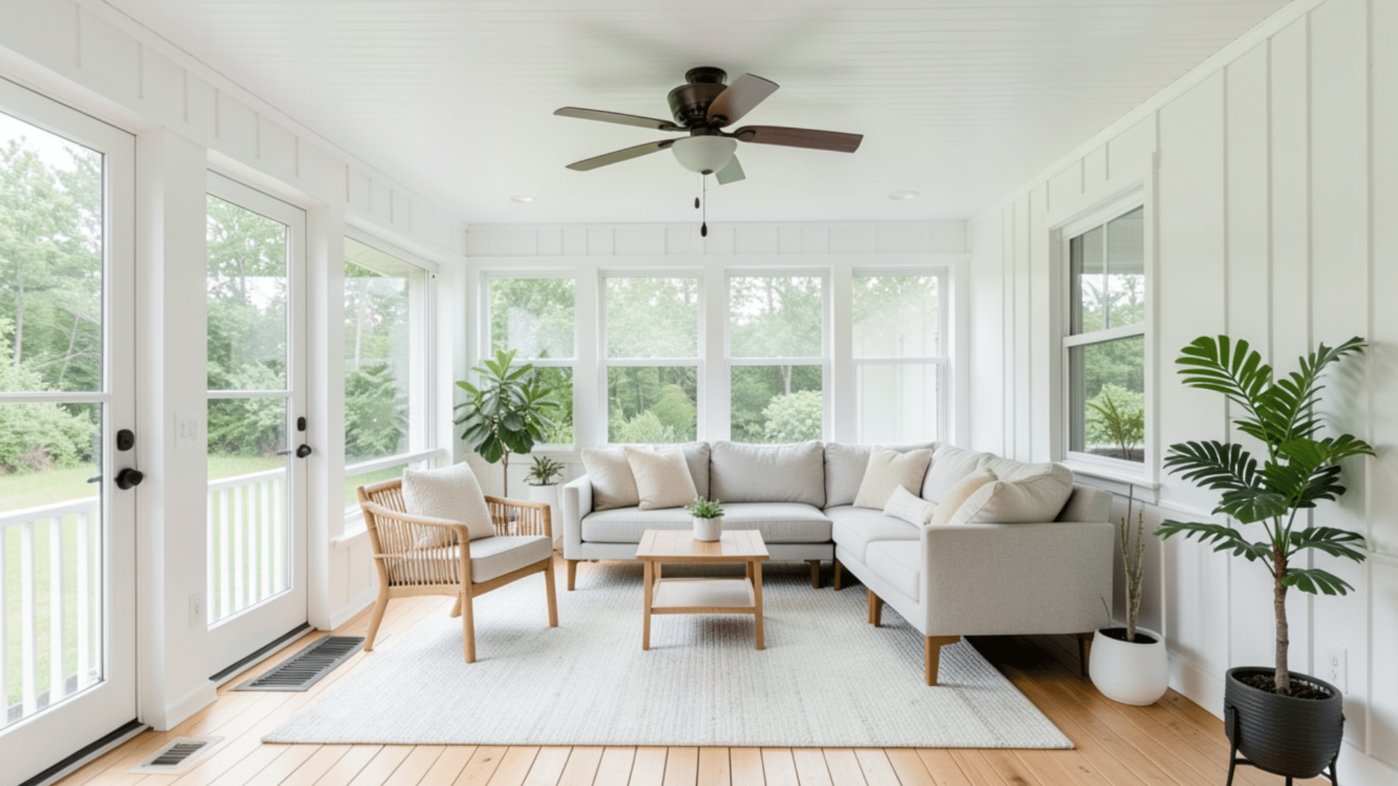 ceiling fan with cozy seating and plants perfect for enclosed porch ideas on a budget