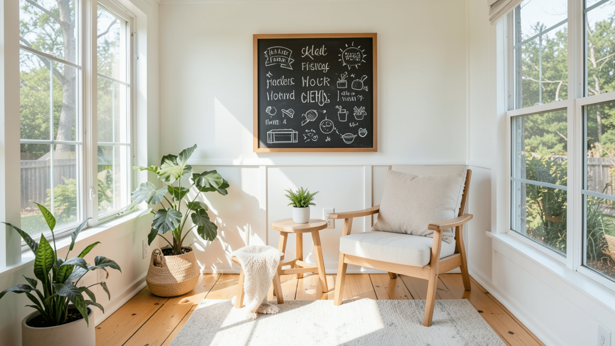 chalkboard wall with cozy chair and plants great for enclosed porch ideas on a budget