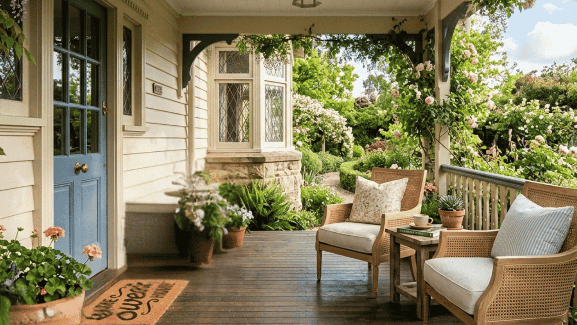 charming garden porch with wicker chairs blooming flowers and blue front door beside lush greenery