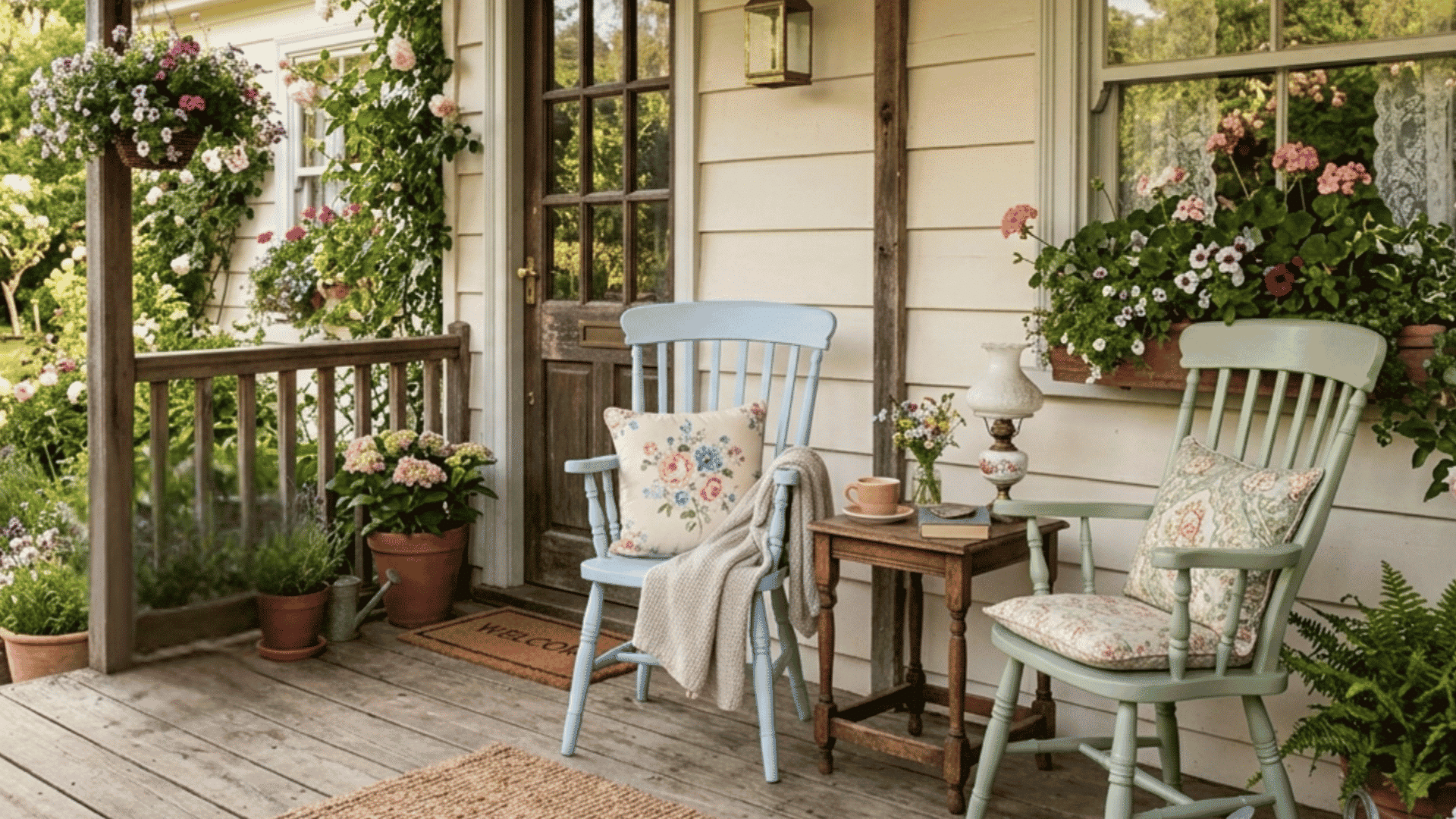 charming porch with pastel chairs flower cushions and blooming plants beside rustic wooden door