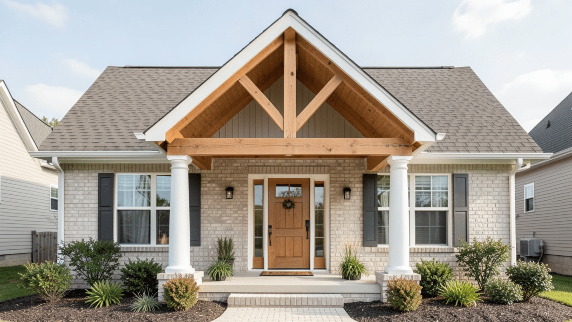 classic gable design showcasing front porch overhang ideas with wood beams white columns and a welcoming entryway